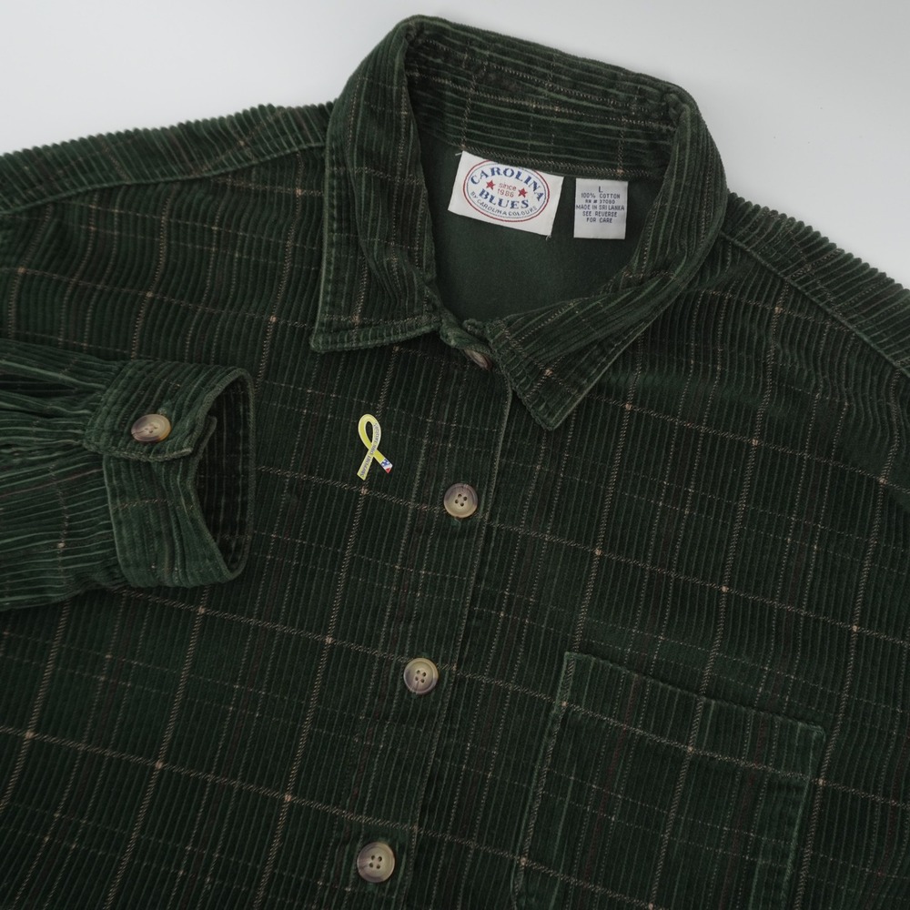 Vintage Carolina Blues Corduroy Shirt Womens L Green Plaid Button Up Long Sleeve
